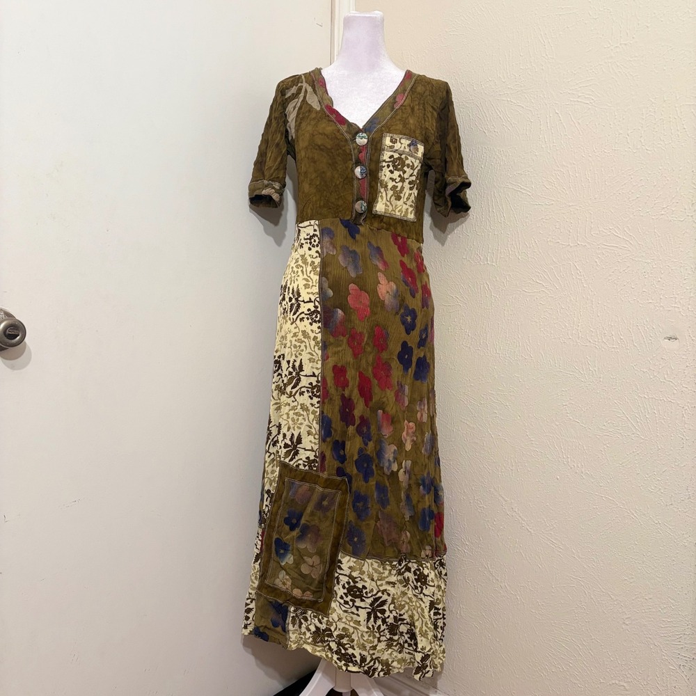 Olive Green Patchwork Short Sleeve Maxi Dress Ikat Watercolor Fairy Whimsigoth S